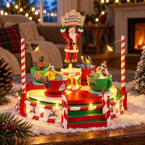 Lemax Santa's Peppermint Teacup Spinner – collectible Christmas village piece displayed in a cosy home