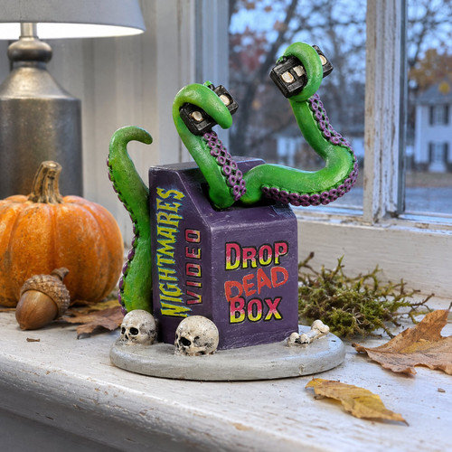 Lemax Spooky Town - Drop Dead Box – collectible Halloween village piece displayed in a cosy home