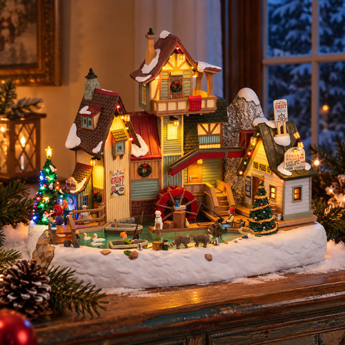 Lemax The Rocky River Grist Mill – collectible Christmas village piece displayed in a cosy home