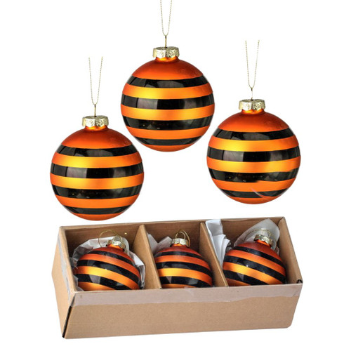 Halloween Striped Ball Ornaments Orange & Black Box of 3