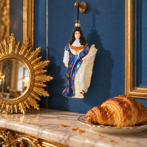 Cody Foster King Louis XIV Figure Ornament – glass Christmas ornament styled in a fun, eclectic home scene