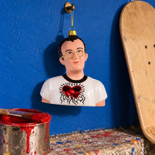 Cody Foster Keith Haring Ornament – glass Christmas ornament styled in a fun, eclectic home scene