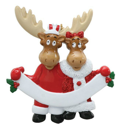 Personalized Moose Couple with Banner Ornament