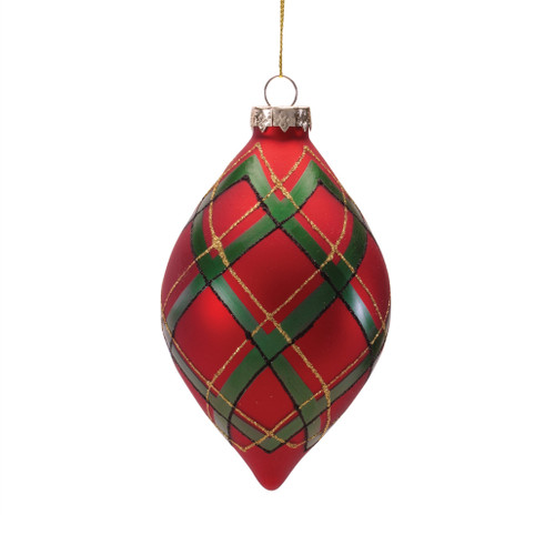 Red And Green Plaid Glass Christmas Drop Ornament