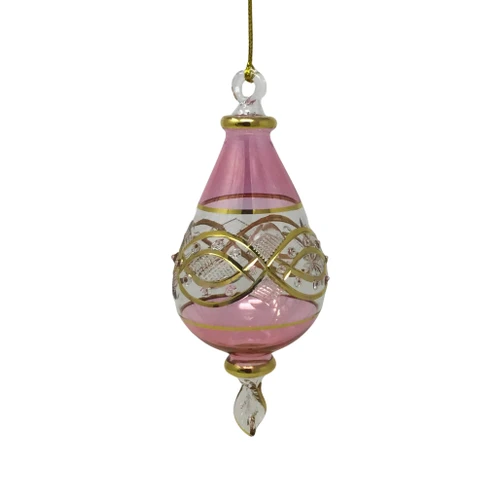Handmade Egyptian Museum pink glass pear drop ornament with hand-etched patterns and genuine 24 kt gold accents.
Mouth-blown glass pear-shaped Christmas ornament measuring 5.5 inches tall by 2 inches wide with artisan detailing.
Elegant handcrafted pink glass pear drop ornament featuring etched decorative designs, clear glass accents, and gold trim.