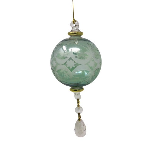 Egyptian Museum Glass Green Etched Ball with Crystal Drop Ornament