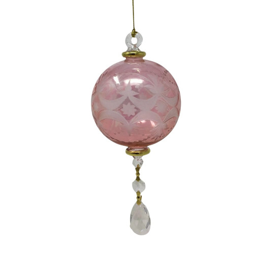 Egyptian Museum Glass Pink Etched Ball with Crystal Drop Ornament