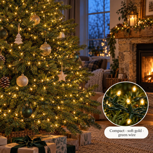Lumineo 1000 Soft Gold LED Compact Lights, Green Wire - warm white LED lights on a decorated Christmas tree with a close-up of the bulbs