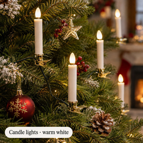 Lumineo 20 LED Candle String Lights - warm LED lights on a decorated Christmas tree with a close-up of the bulbs