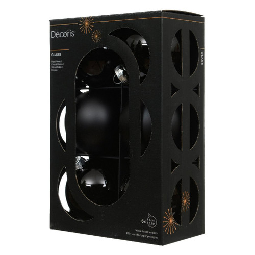 Set of 6 Black Matte And Shiny Glass Ball Ornaments