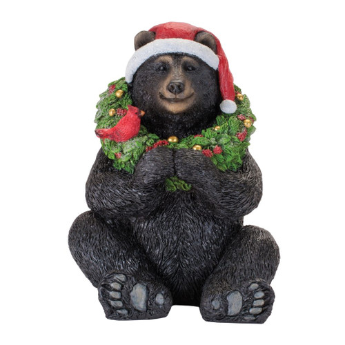 Bear with Santa Hat And Wreath Figurine