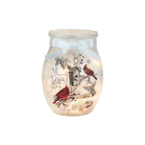 Stony Creek Frosted Glass Winter Cardinals with Birdhouse Jar Lamp
