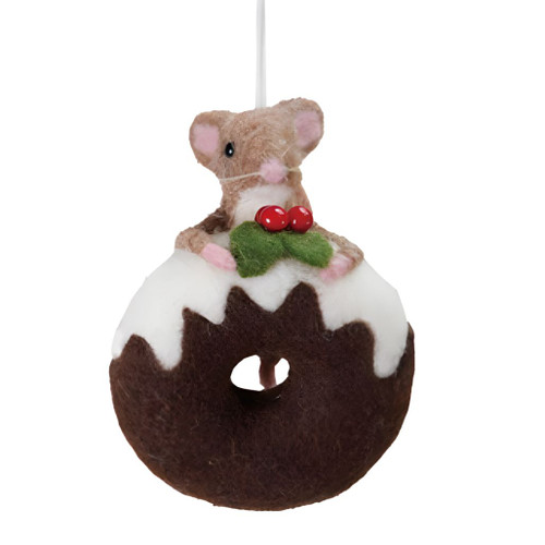 Handmade Felt Mouse on Donut Ornament | 3.5 inches Dark Brown Wool