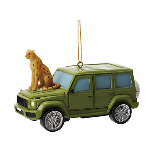 Safari Vehicle with Cheetahs Ornament – Light Green Resin | 4 Inch