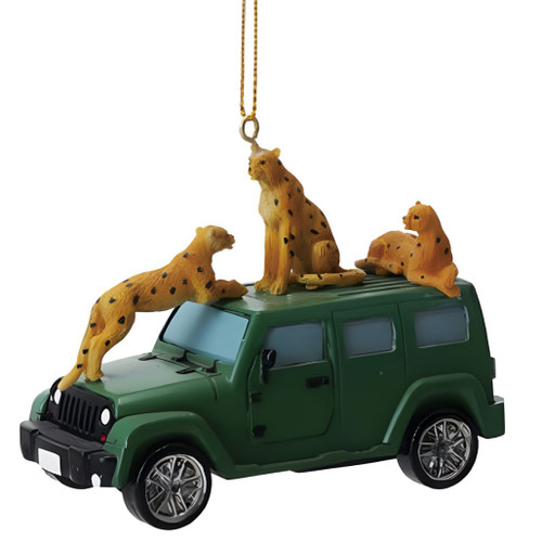 Safari Vehicle with Cheetahs Ornament | 4 Inch Resin Dark Green