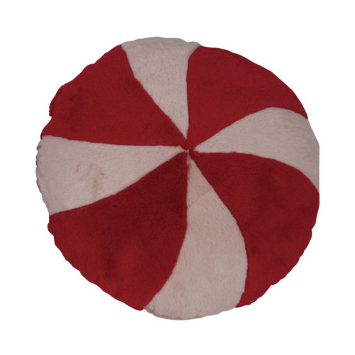Fur & Velvet Peppermint Pillow – Pink & Red | 16 Inch Round Holiday Accent