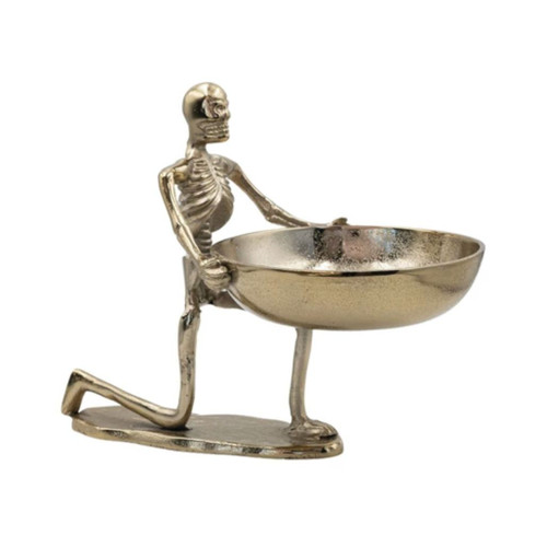 Kneeling Skeleton Holding Bowl – Antique Gold Finish | 13 x 10.5 Inch