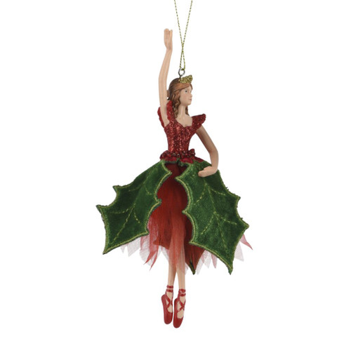 Red & Green Fairy Ornament – One Hand Up, Hair Down | 6 Inch