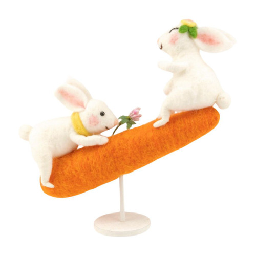 Felt Bunnies on Carrot Teeter Totter Figurine | 8 inch