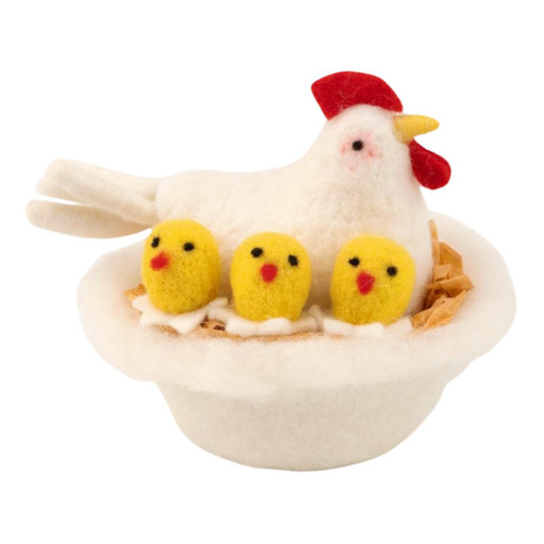 Felt Rooster with Chicks in Nest Figurine | 6.5 Inch