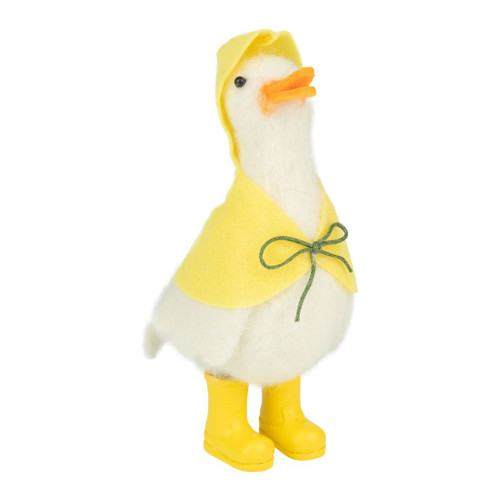 White Felt Duck in Yellow Raincoat Figurine | 5.5 inch