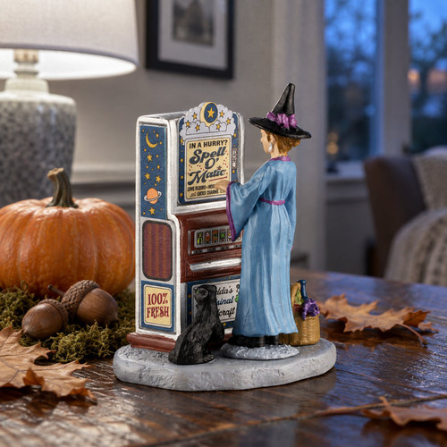 Lemax Spooky Town Spell-O-Matic Figurine – collectible Halloween village piece displayed in a cosy home
