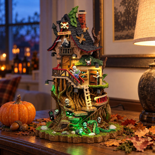 Lemax Spooky Town Petrified Forest Tree House – collectible Halloween village piece displayed in a cosy home