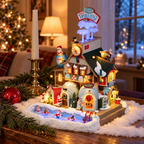 Lemax Santas Hot Springs Oasis – collectible Christmas village piece displayed in a cosy home