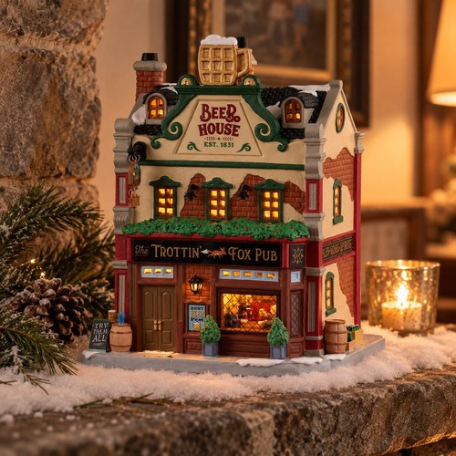 Lemax Trottin’ Fox Pub – collectible Christmas village piece displayed in a cosy home