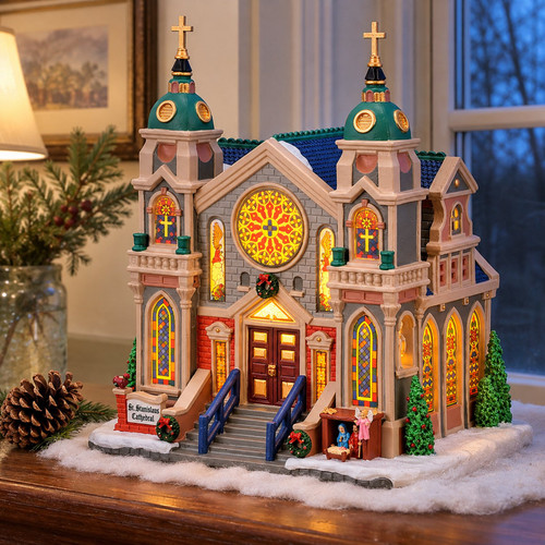 Lemax St. Stanislaus Cathedral – collectible Christmas village piece displayed in a cosy home
