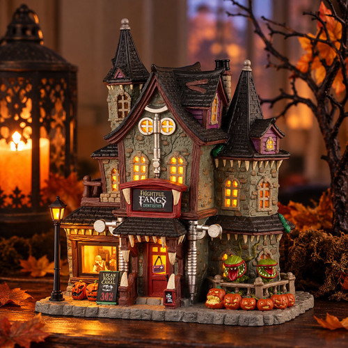 Lemax Spooky Town Frightful Fangs Dentistry – collectible Halloween village piece displayed in a cosy home