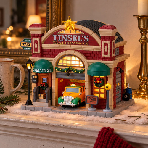 Lemax Tinsel’s Taxi Company – collectible Christmas village piece displayed in a cosy home
