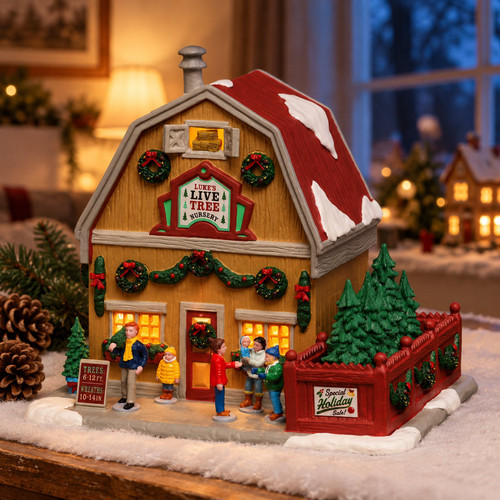 Lemax Caddington Luke’s Live Tree Nursery – collectible Christmas village piece displayed in a cosy home