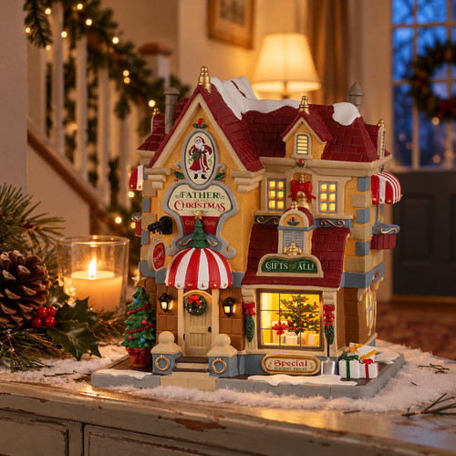 Lemax Father Christmas Gift Shop – collectible Christmas village piece displayed in a cosy home