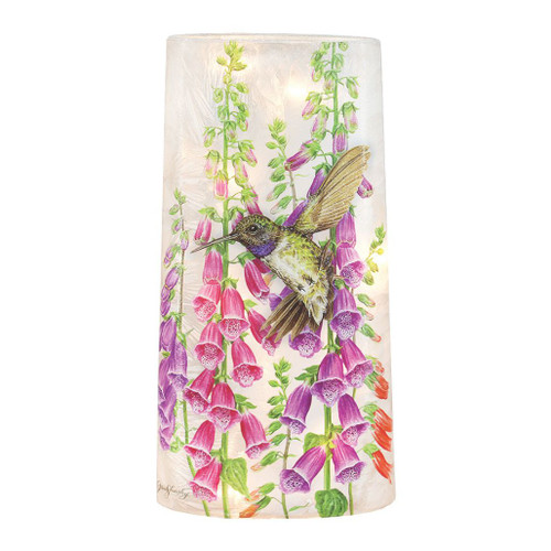 Stony Creek Hummingbird with Foxgloves Glass Vase | Lit