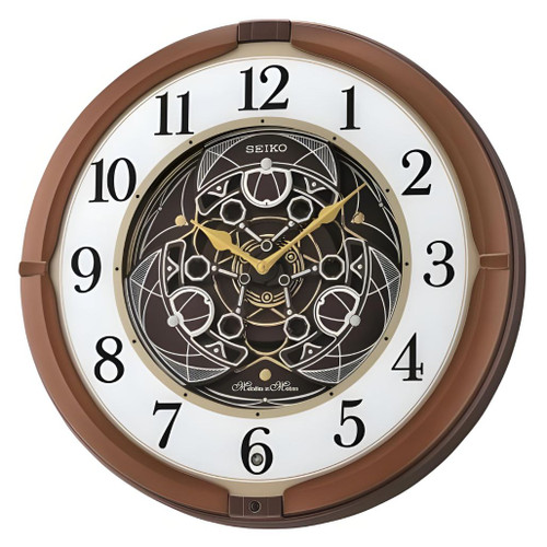 Seiko Mechanical Gears Musical wall clock with decorative gear-inspired design.
Battery-operated wall clock featuring visible moving gears and musical functionality.
Decorative Seiko analog clock designed for indoor wall display.