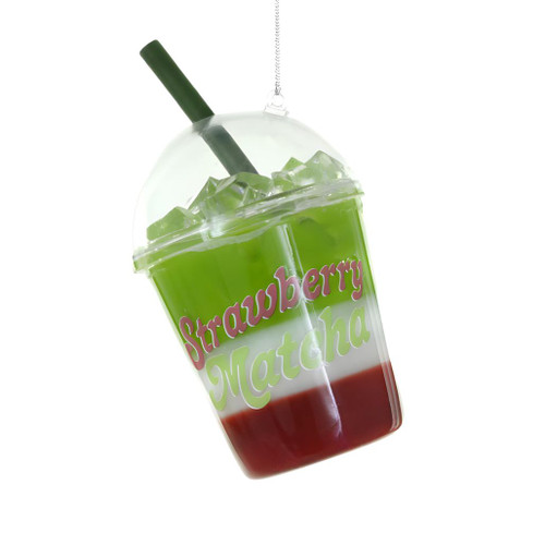 Glass iced strawberry matcha latte ornament with straw and domed lid
Cody Foster drink ornament with green matcha, white cream, and red strawberry layers
4.25 inch glass café-style Christmas ornament hanging from silver string