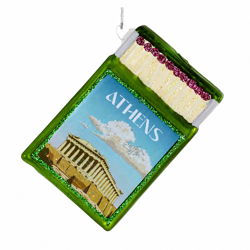 Glass Athens souvenir matchbox ornament with green frame and landmark scene.
Greek travel Christmas ornament with Athens text and glittered match details.