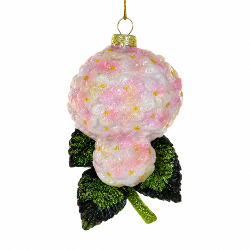 Glass peach hydrangea ornament with blush flower cluster and golden centers.
Floral Christmas ornament with glittered green leaves and soft peach petals.
4 inch glass garden flower ornament with gold hanging cord.