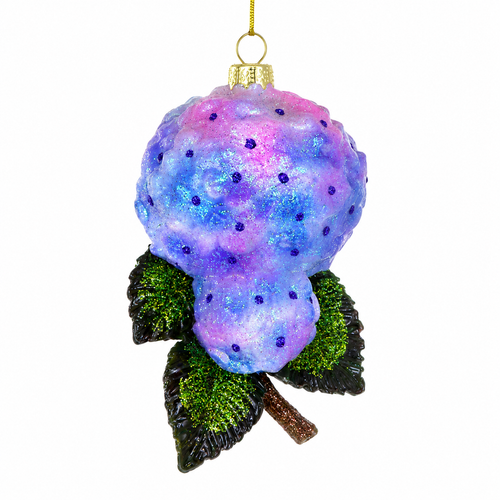 Glass blue and pink hydrangea ornament with rounded flower cluster.
Floral Christmas ornament with glittered green leaves and soft pastel bloom.
4 inch glass garden flower ornament with gold hanging cord.