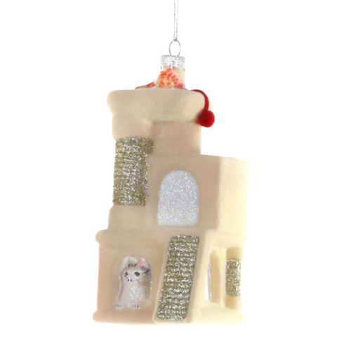 Glass cream cat condo ornament with cats, arched openings, and glitter panels.
Pet-themed Christmas ornament shaped like a cream cat tower.
5 inch glass cat lover ornament with silver hanging cord.