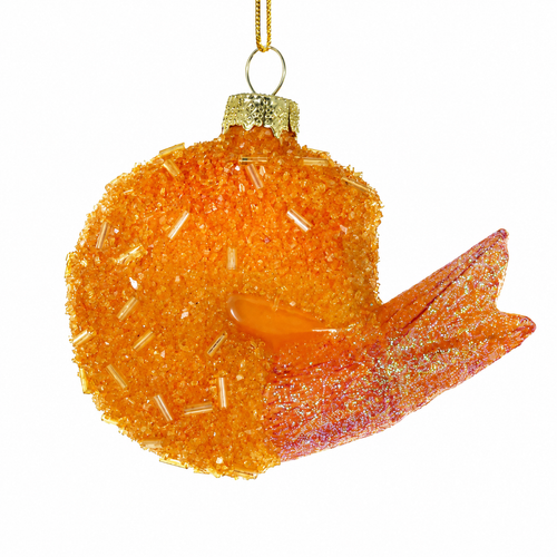 Glass fried shrimp ornament with golden breaded texture and orange glittered tail.
Seafood Christmas ornament shaped like crispy fried shrimp.
3 inch glass food ornament with gold hanging cord.