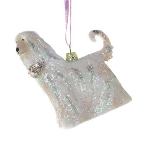 Glass Afghan hound ornament with white flowing coat and curled tail.
Dog breed Christmas ornament with iridescent shimmer and pink hanging string.
4.5 inch glass Afghan hound ornament for pet-themed trees.