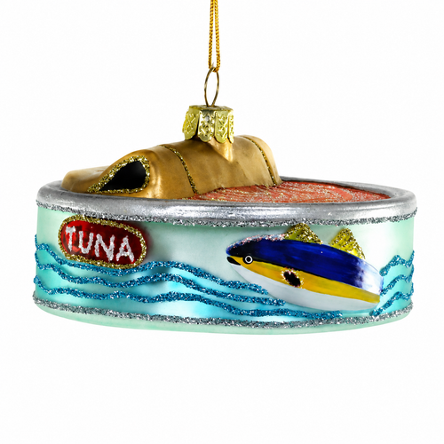Glass ornament shaped like a tinned tuna can with colorful fish artwork.
Tinned tuna glass Christmas ornament with glittered blue wave details.
Food-themed hanging ornament measuring 3.25 × 3.25 × 1.75 inches.