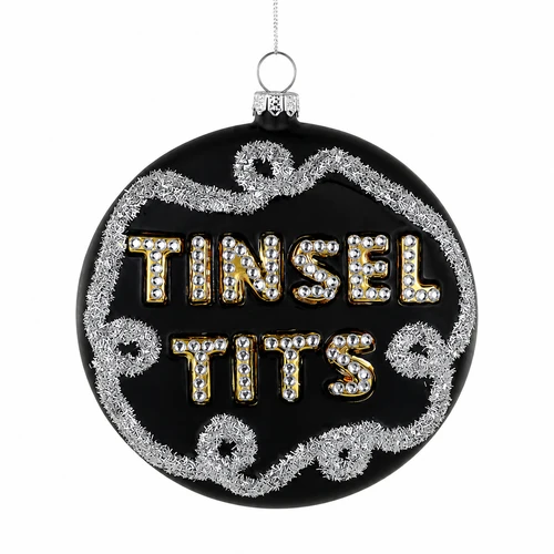 Black glass ornament with Tinsel Tits lettering and silver tinsel-style border.
Round black Christmas ornament with raised silver lettering and glittery details.
Hanging glass statement ornament measuring 4 × 1 × 4 inches.