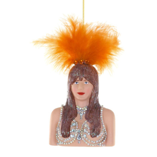 Glass showgirl ornament with brown hair, rhinestone-style details, and orange feather headpiece.
Hanging showgirl Christmas ornament with sparkling costume accents and feather topper.
Taylor Swift Showgirl glass ornament measuring 3.5 x 2 x 6 inches.