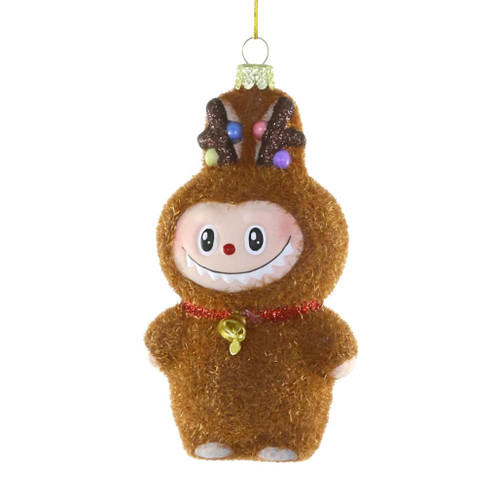 Glass ornament with brown fuzzy monster wearing reindeer antlers and colorful details.
Fuzzy Monster Reindeer ornament with smiling face, bell accent, and antlers.
Hanging glass monster reindeer ornament measuring 2.25 x 1.25 x 4.25 inches.