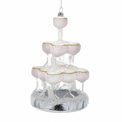 Glass champagne tower ornament with tiered coupe-style glasses and silver base.
Elegant hanging ornament with blush glass details, gold edging, and icy glitter.
6 inch glass Champagne Tower Christmas ornament