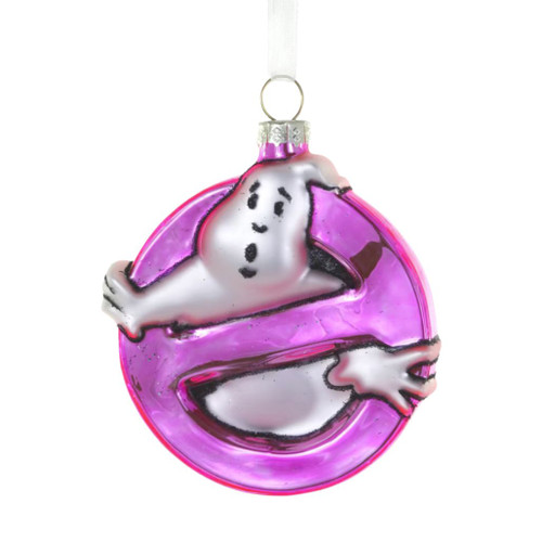 Pink glass No Ghosts ornament with white ghost figure and black outline.
Round Halloween hanging ornament with bright pink sign-style design.
3.5 inch glass No Ghosts ornament on a white background.
