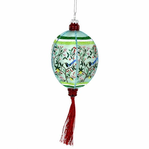 Blue glass chinoiserie lantern ornament with branches, birds, and red tassel.
Hanging lantern ornament with pale blue finish and green striped accents.
7 inch glass Chinoiserie Lantern Blue ornament on a white background.